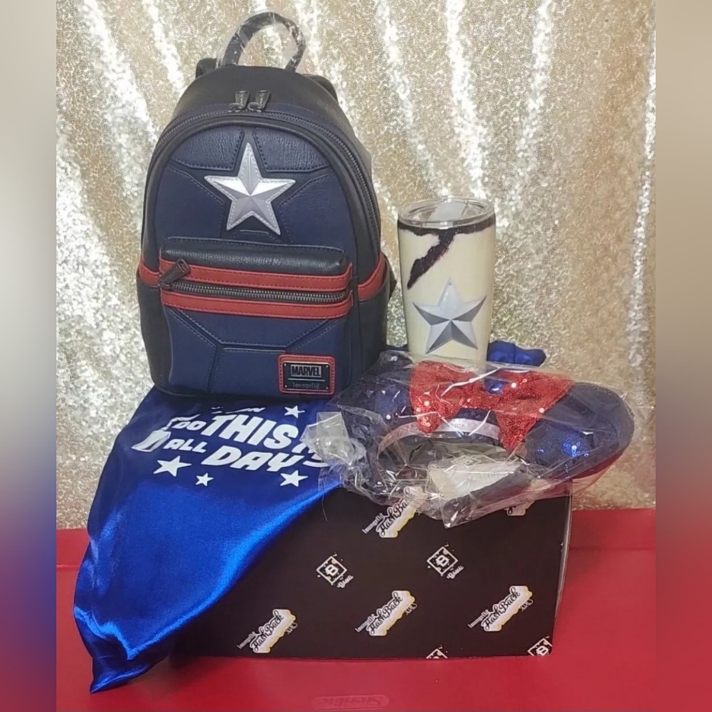 Loungefly Captain America Mini Backpack, Sequin Ears, Tumbler Cup, Dust Bag, Box